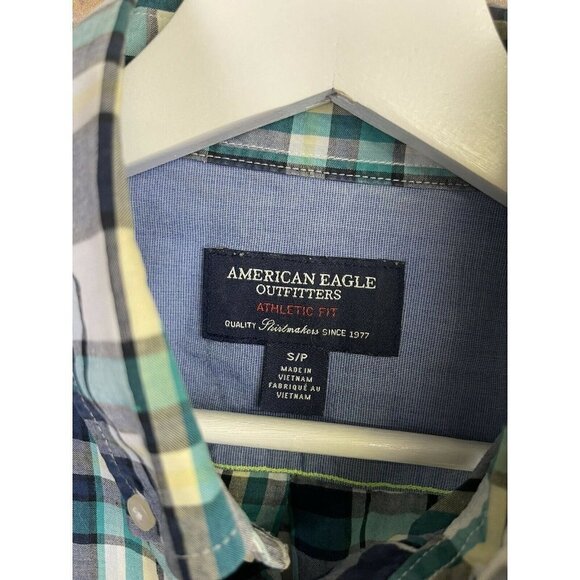 American Eagle Mens Small Athletic Fit Plaid Button Down Shirt Blue White Yellow - Picture 12 of 12